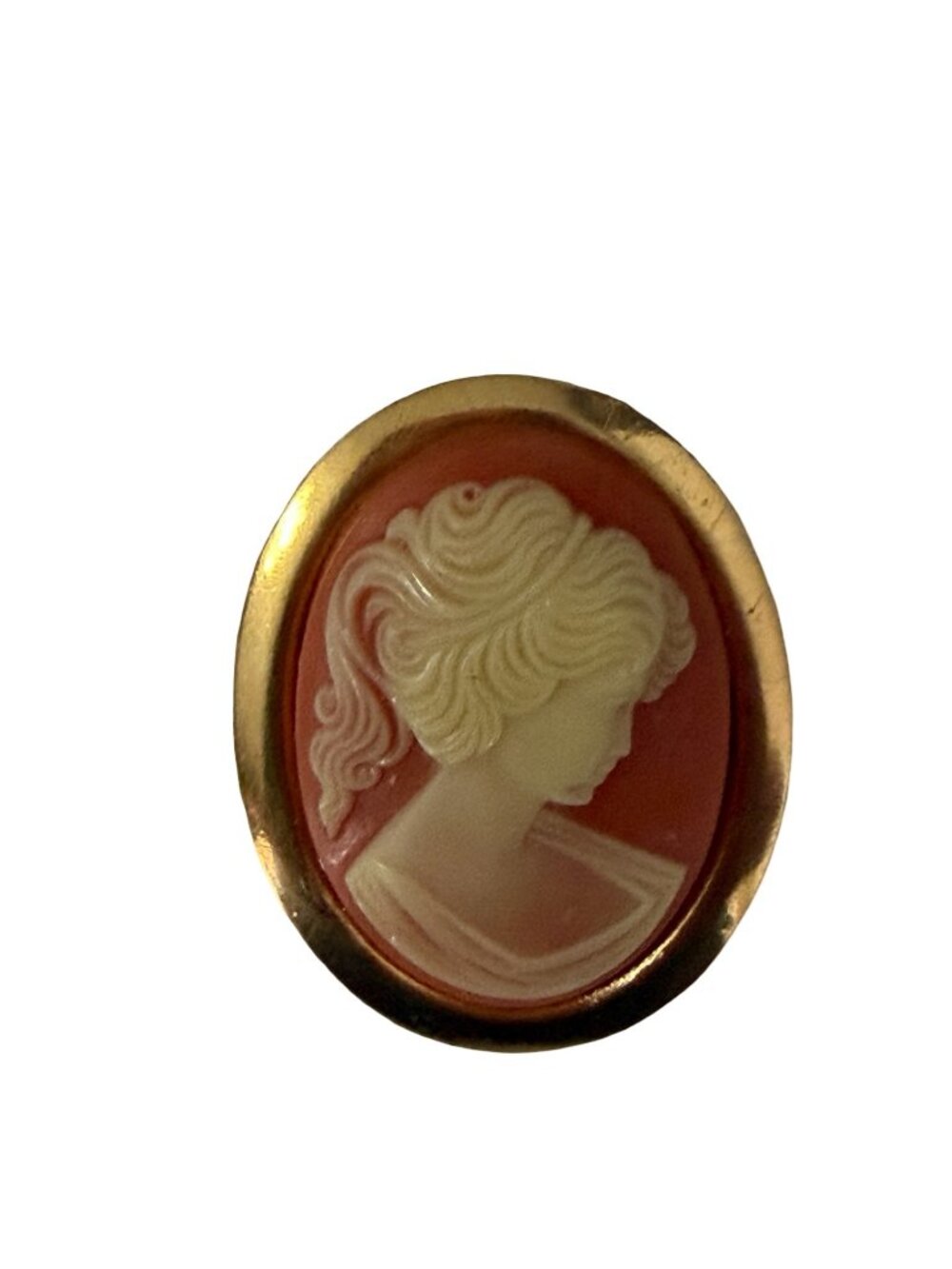 Vintage Cameo Lady Brooch Pin Oval Gold Tone Orange White Classical Portrait